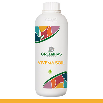 Biała butelka nawozu Vivema Soil marki Greenhas z kolorową etykietą w odcieniach zieleni, pomarańczu i czerwieni